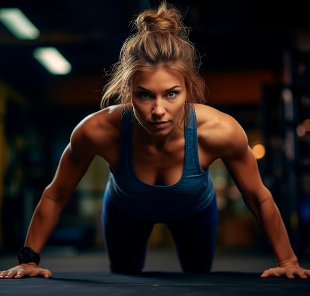 a woman practicing pushups in a gym