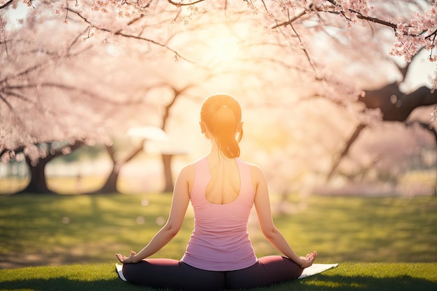 Woman practicing standing yoga pose against blooming park ai generative