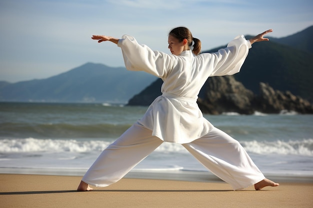 Photo woman practicing tai chi on the beach