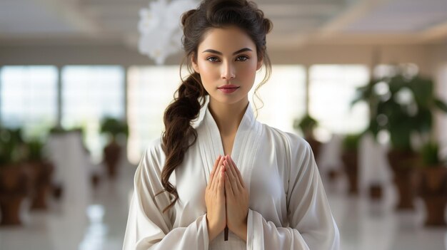 Foto donna che pratica il tai chi in uno studio bianco sereno