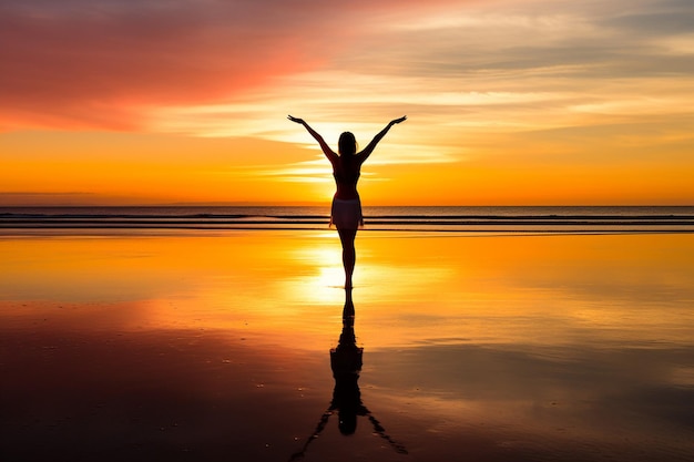 Woman practicing yoga on a beach at sunrise