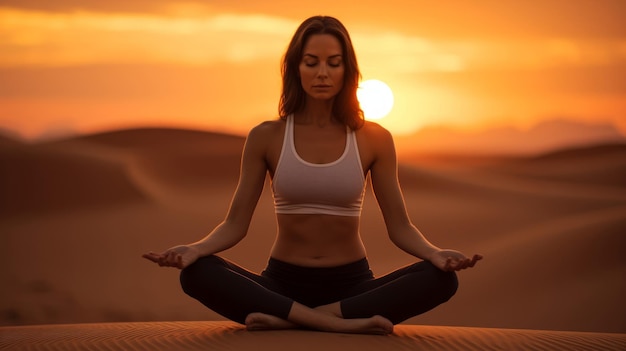 woman practicing yoga on a beach at sunset