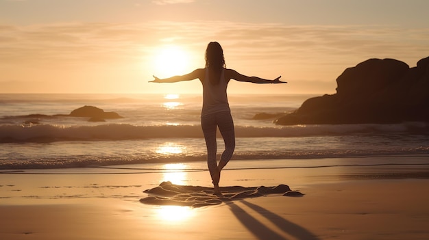 A woman practicing yoga on the beach at sunset