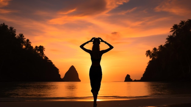 A woman practicing yoga on the beach at sunset