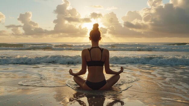 Photo woman practicing yoga on the beach at warm sunset light back view