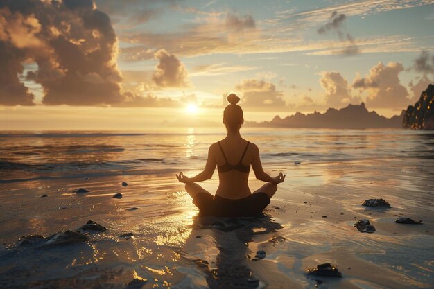 Woman practicing yoga on a beach