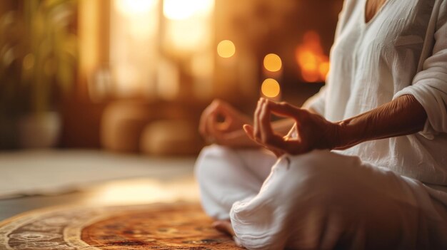 Woman practicing yoga in a cozy room at sunrise The concept of peace and relaxation