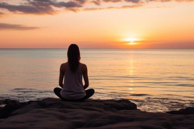 Photo woman practicing yoga during a calm sunrise by the sea