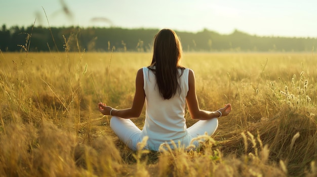 Woman practicing yoga in field