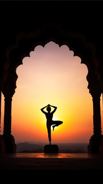 Photo a woman practicing yoga in front of a sunset.