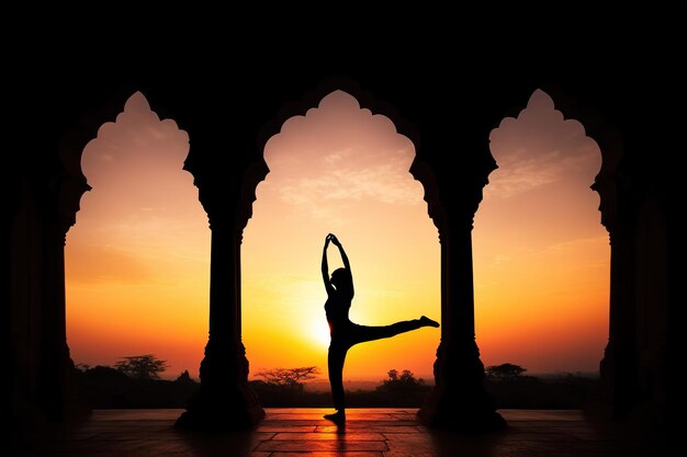 Foto una donna che pratica yoga davanti a un tramonto.