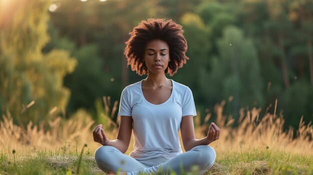 Женщина практикует йогу на травяном поле Концепция спокойствия и расслабления