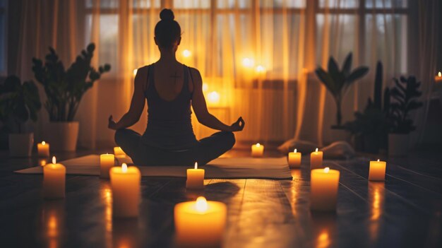 A woman practicing yoga in an intimate and peaceful atmosphere with lit candles