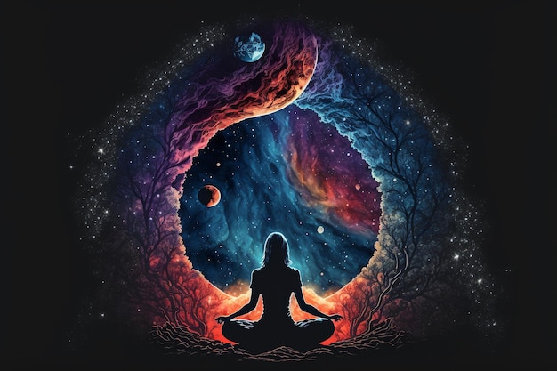 Woman practicing yoga in lotus position with cosmic universe background