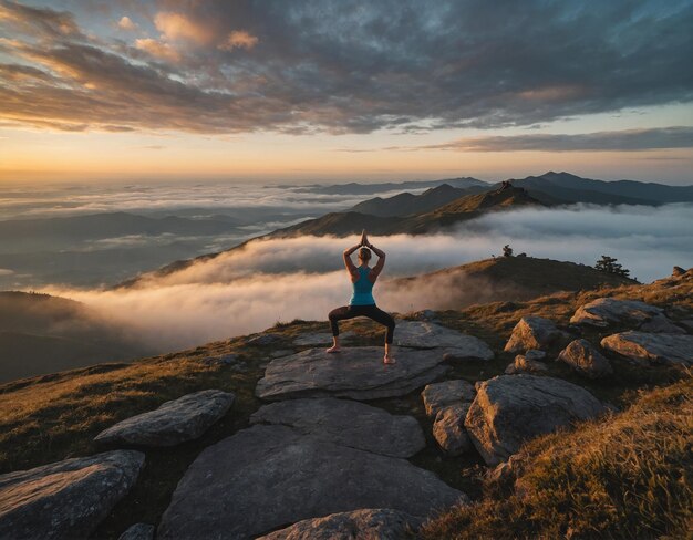 женщина практикует йогу на вершине горы с горами на заднем плане