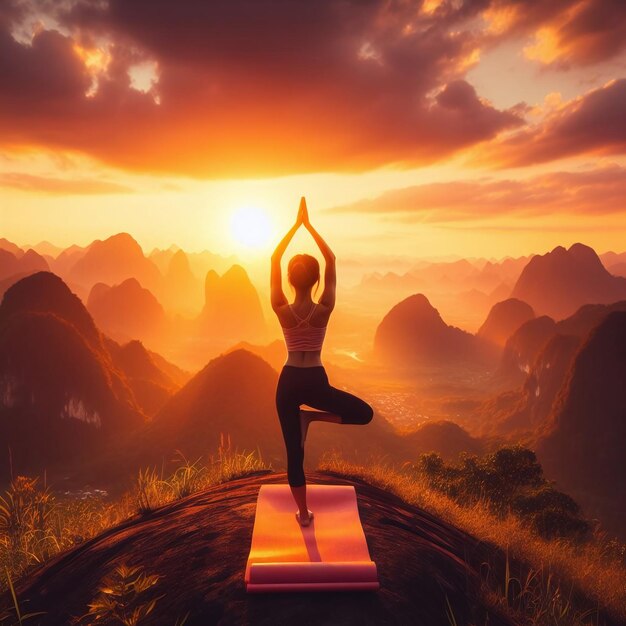 a woman practicing yoga on a mountain with mountains in the background