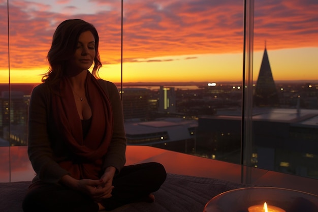 Photo woman practicing yoga on a rooftop terrace at sunset