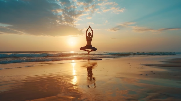 Woman Practicing Yoga at Sunset Beach