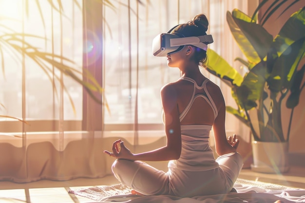Woman practicing yoga in virtual reality headset Suitable for technology and wellness concepts