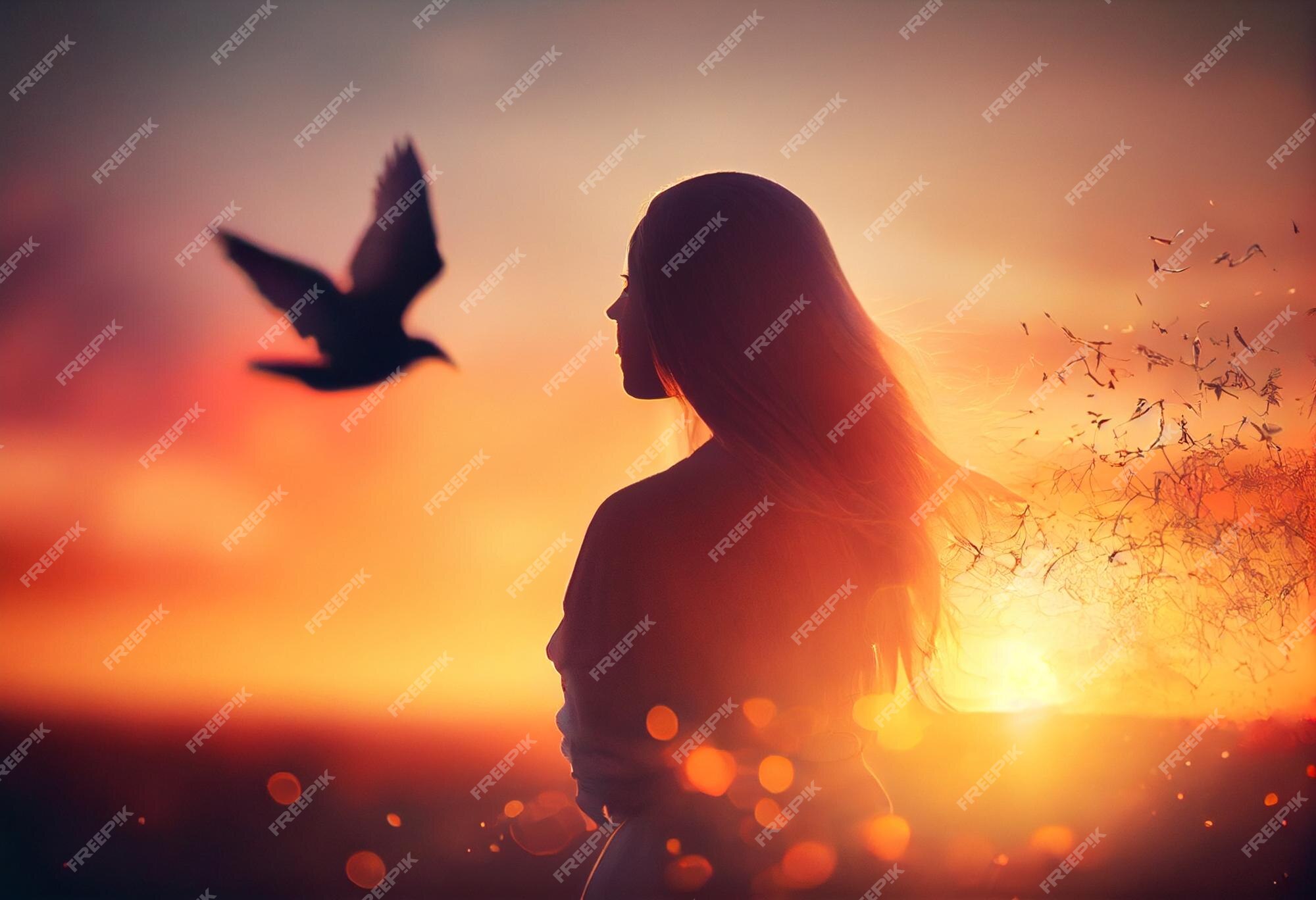 Premium Photo  Woman praying and free bird enjoying nature on sunset  background hope concept