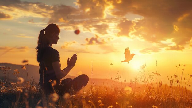 Woman praying and free bird enjoying nature on sunset background hope concept