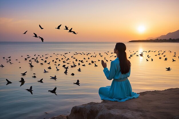 Photo woman praying and free the birds enjoying nature on sunset