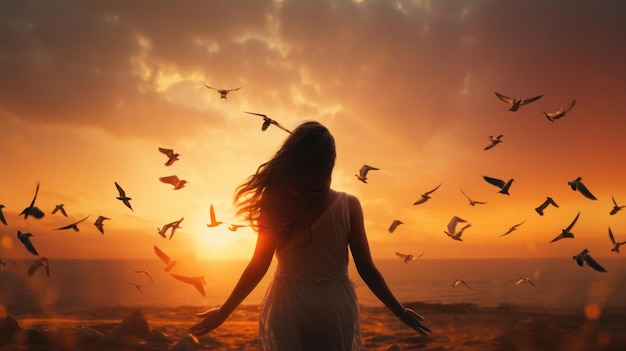 Woman praying and free the birds flying on sunset background hope concept