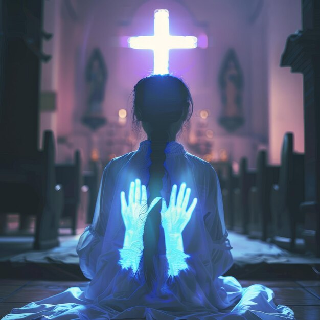 Photo a woman praying in front of a cross with hands reaching out to the ground