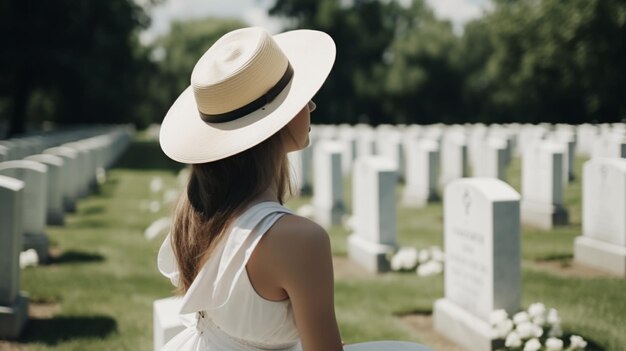 Woman praying in a memorial cemetery for war soldiers