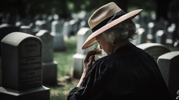 Foto donna che prega in un cimitero commemorativo per i soldati di guerra