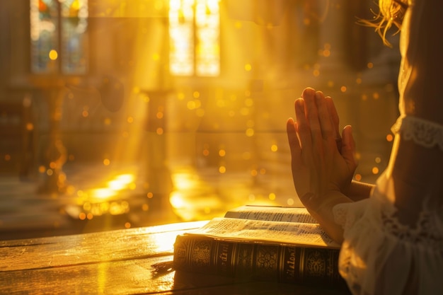 Женщина молится с Библией в церкви о вере и духовности