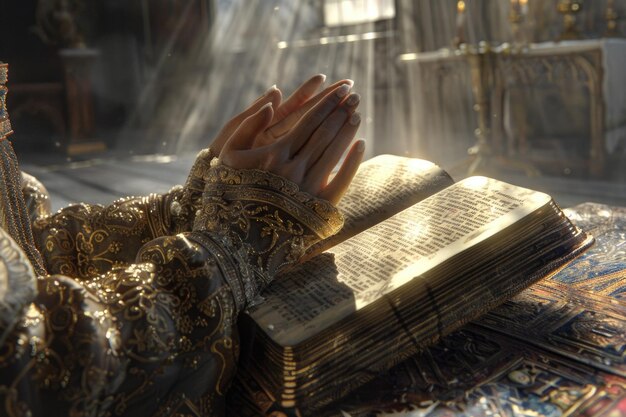 Woman praying with Bible in church for faith and spirituality