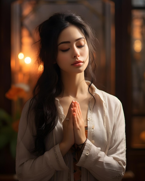 Woman praying with faith in God on dark room background Namaste or Namaskar hand gesture