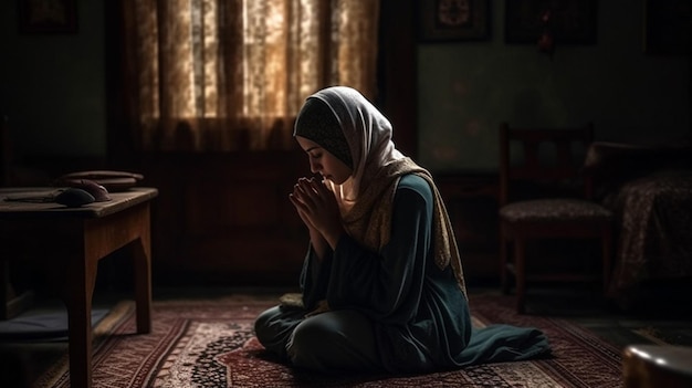 한 여자가 창문이 있는 어두운 방에서 기도하고 있습니다.