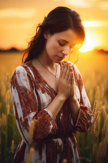 Photo a woman prays in a field of wheat