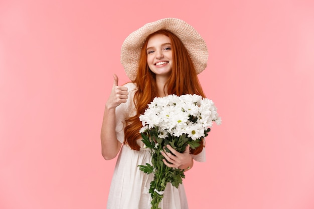 woman prepared present for mothers day, standing cheerful and delighted.