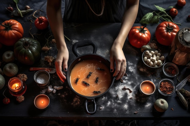 Photo woman prepares dish to celebrate halloween female hands cooking in kitchen with halloween ingredients on table