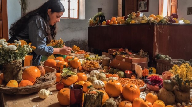 A woman prepares food in a kitchen with a box of pumpkins.