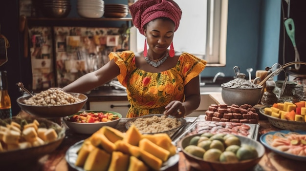 Photo a woman prepares food in a kitchen with a tray of food.