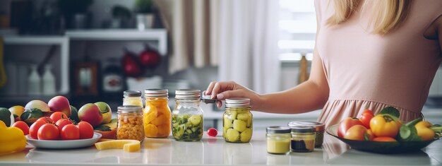 A woman prepares a healthy juice at the kitchen table