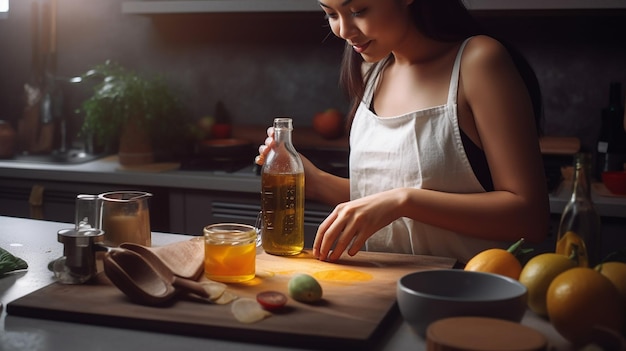 A woman prepares a meal in a kitchen.