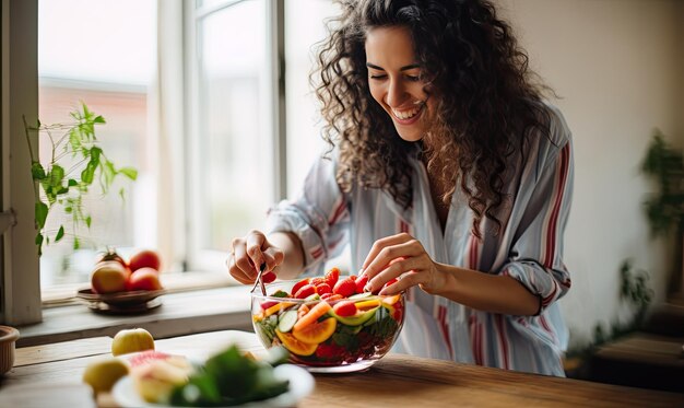 A Woman Preparing a Fresh and Colorful Salad in a Beautiful Bowl