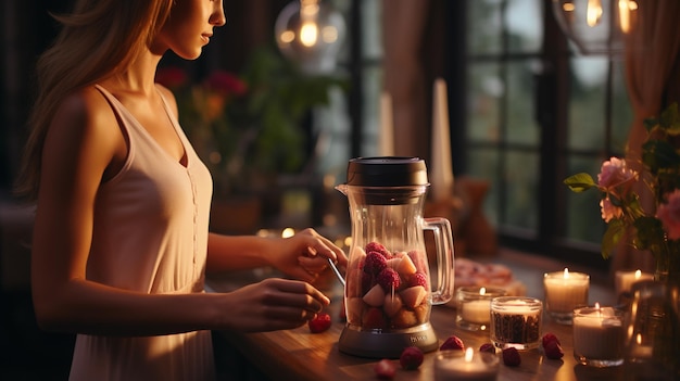 Woman preparing fruit smoothie with blender