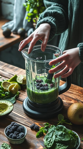 Woman Preparing a Healthy Detox Drink in a Blender