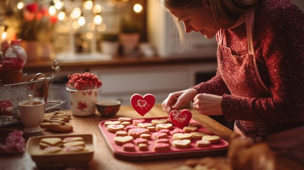 Woman preparing heart cookies with romantic kitchen decor