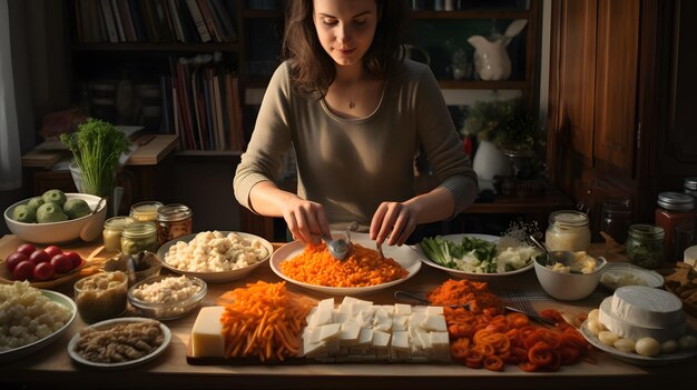 さまざまな食品を備えたキッチンで食事を準備する女性 生成 AI