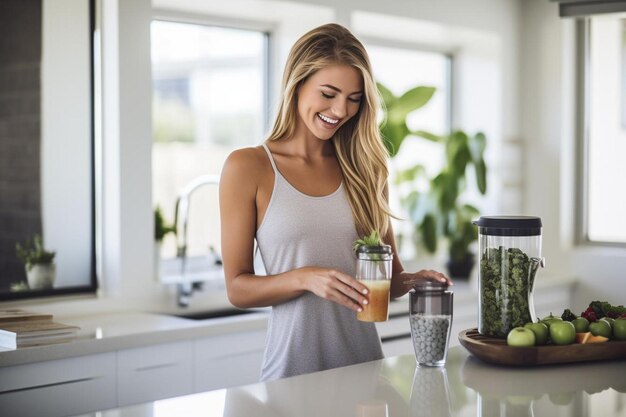 Foto donna che prepara un frullato proteico in cucina