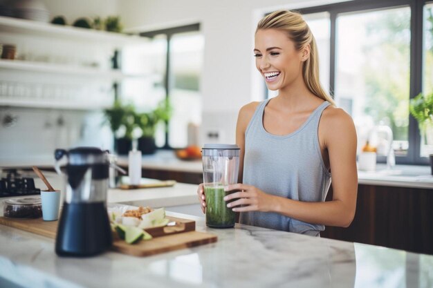 woman preparing protein shake in kitchen