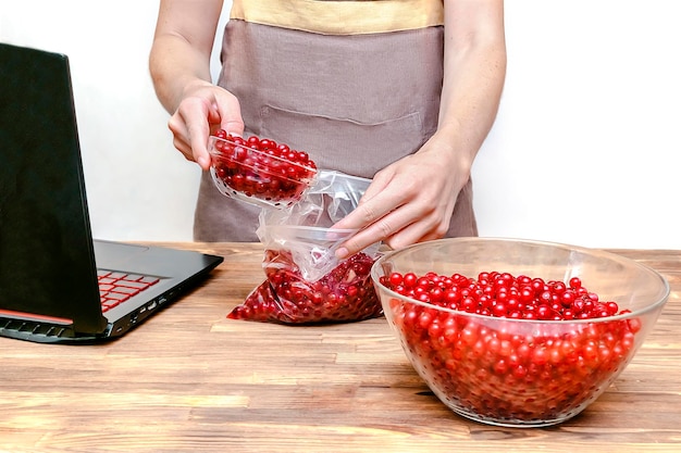 Woman preparing red currants in bowl for frozingmaking jam in jars at home kitchen for winterpeeling summer fruits cookingrecipe instruction Naturalhealthy berry rich in vitamins on table