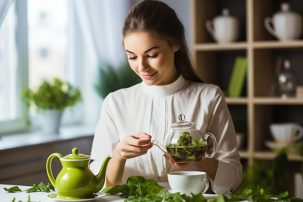 Photo woman preparing salad healthy eating diet